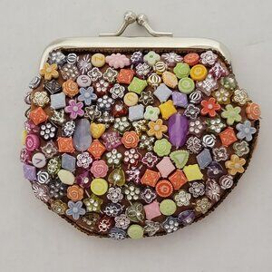 Vintage LaViola Beaded Coin Purse Silver Color Handle and Tan Fabric